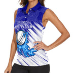 Cricket Australian Women Sleeveless Polo Shirt Blue Fire Ball Graphic With Aboriginal Dot Art Style