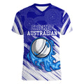 Cricket Australian Women V-Neck T-Shirt Blue Fire Ball Graphic With Aboriginal Dot Art Style