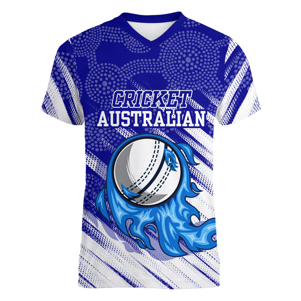 Cricket Australian Women V-Neck T-Shirt Blue Fire Ball Graphic With Aboriginal Dot Art Style