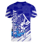 Cricket Australian Women V-Neck T-Shirt Blue Fire Ball Graphic With Aboriginal Dot Art Style