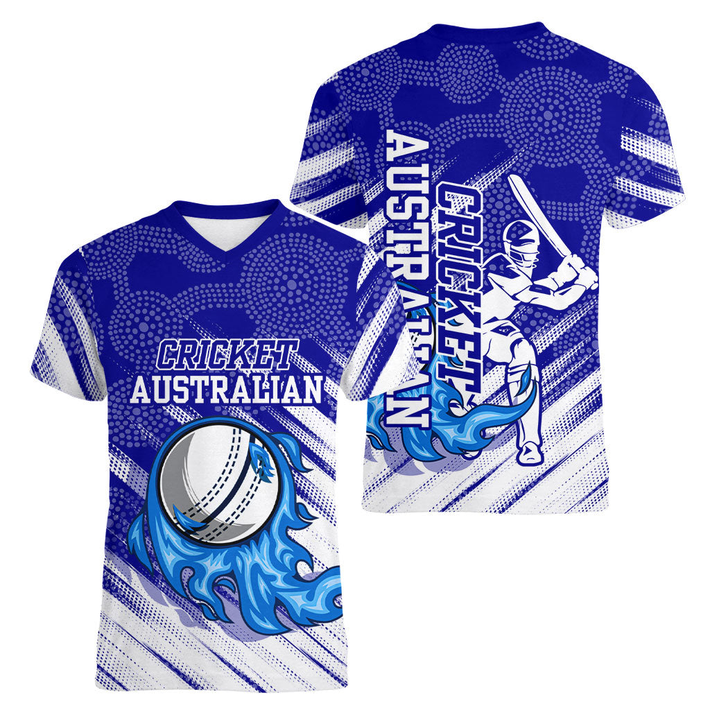 Cricket Australian Women V-Neck T-Shirt Blue Fire Ball Graphic With Aboriginal Dot Art Style