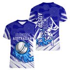 Cricket Australian Women V-Neck T-Shirt Blue Fire Ball Graphic With Aboriginal Dot Art Style