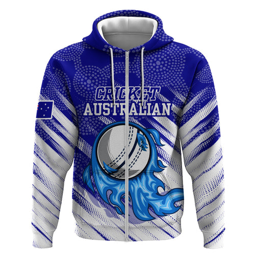 Cricket Australian Zip Hoodie Blue Fire Ball Graphic With Aboriginal Dot Art Style
