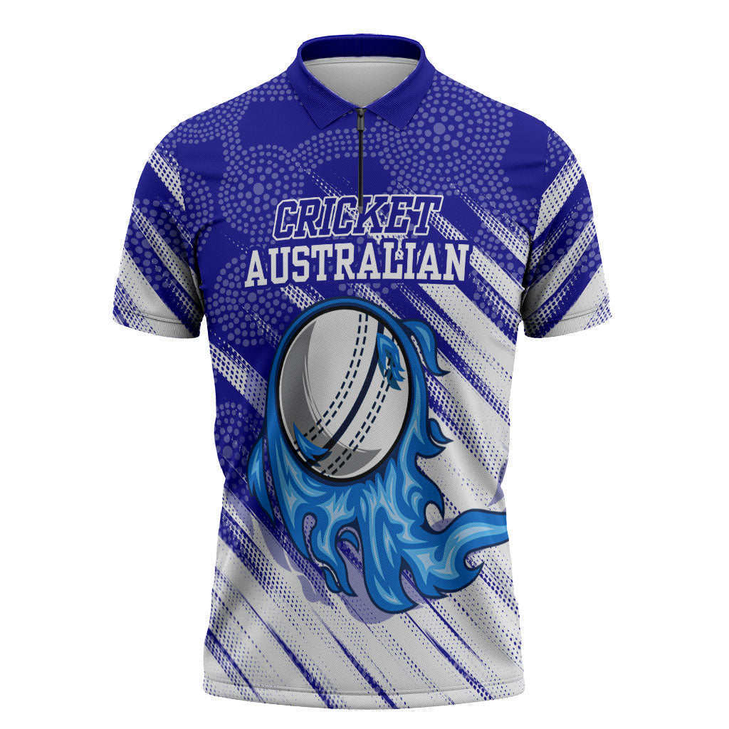 Cricket Australian Zipper Polo Shirt Blue Fire Ball Graphic With Aboriginal Dot Art Style