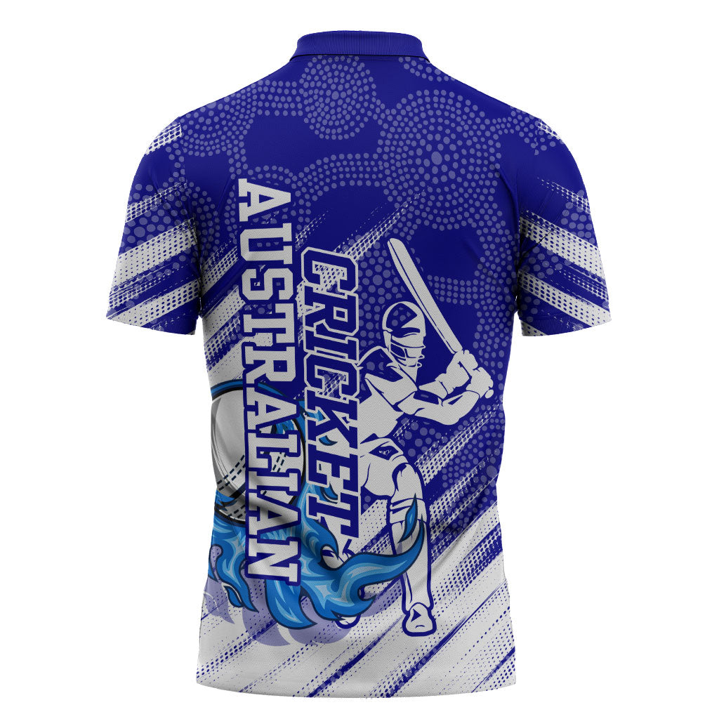 Cricket Australian Zipper Polo Shirt Blue Fire Ball Graphic With Aboriginal Dot Art Style