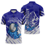 Cricket Australian Zipper Polo Shirt Blue Fire Ball Graphic With Aboriginal Dot Art Style