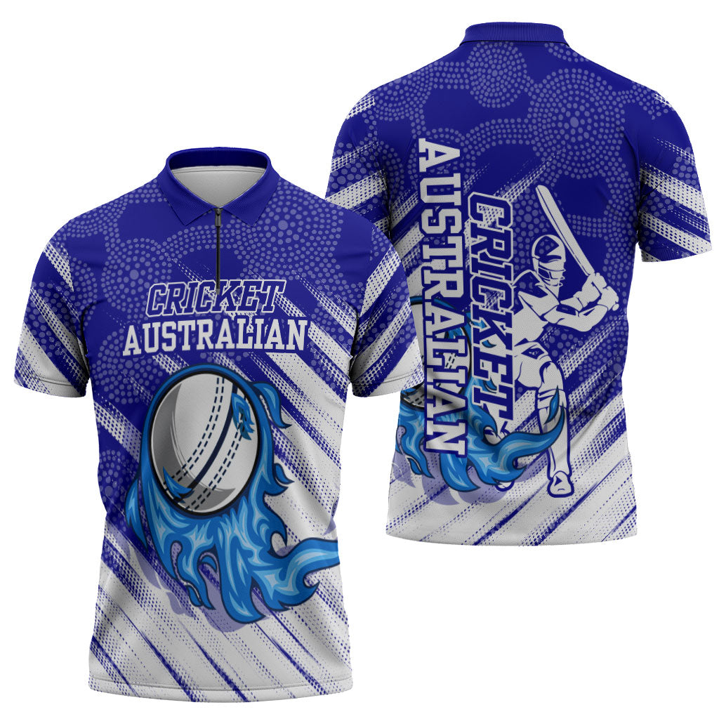 Cricket Australian Zipper Polo Shirt Blue Fire Ball Graphic With Aboriginal Dot Art Style