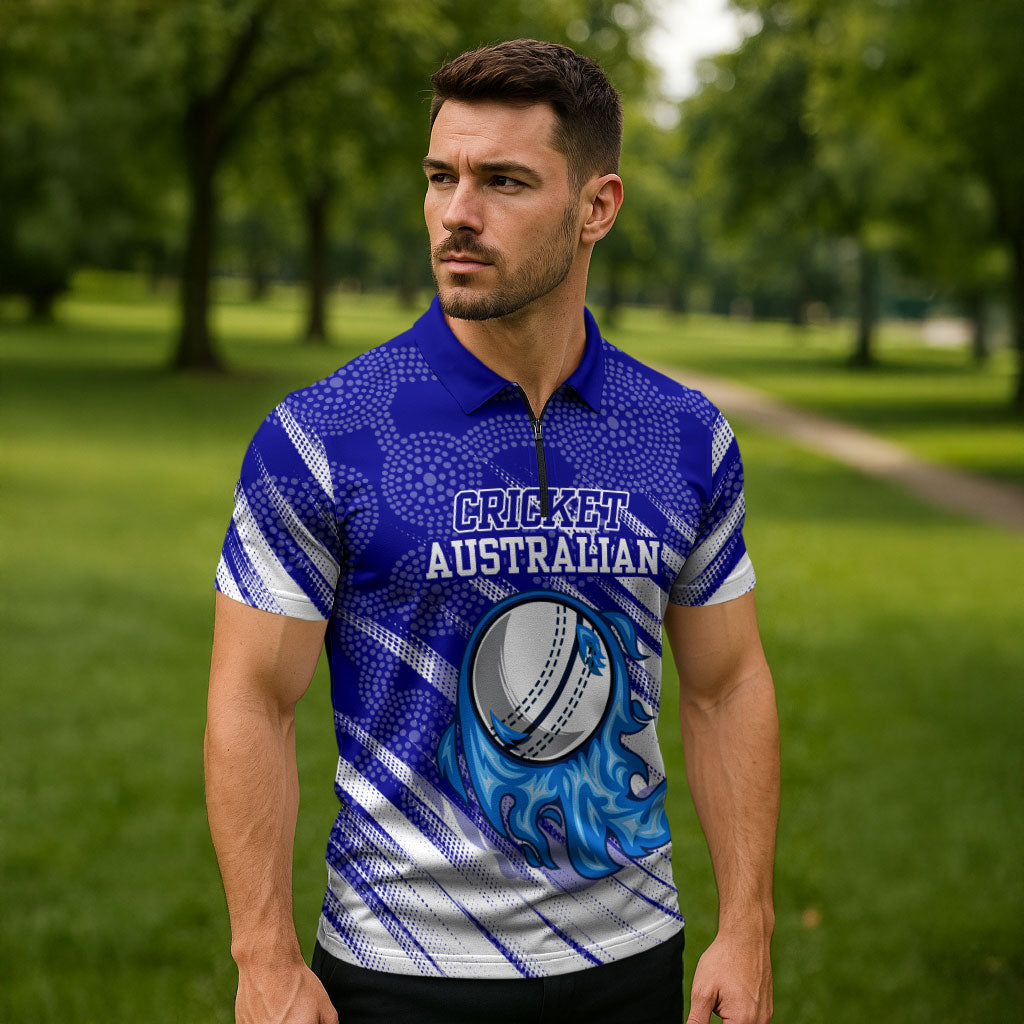 Cricket Australian Zipper Polo Shirt Blue Fire Ball Graphic With Aboriginal Dot Art Style