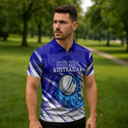 Cricket Australian Zipper Polo Shirt Blue Fire Ball Graphic With Aboriginal Dot Art Style