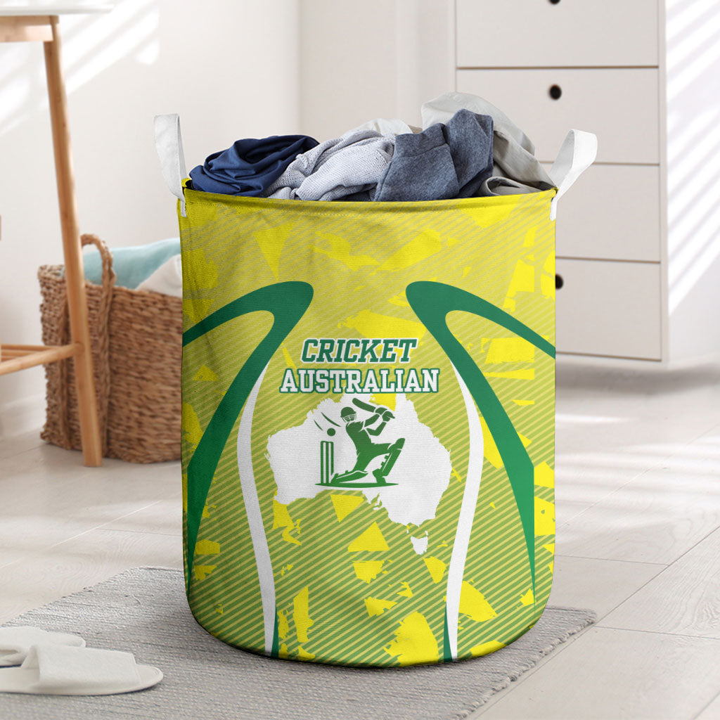 Cricket Australian Laundry Basket Map Silhouette With Green And Gold Geometric Pattern