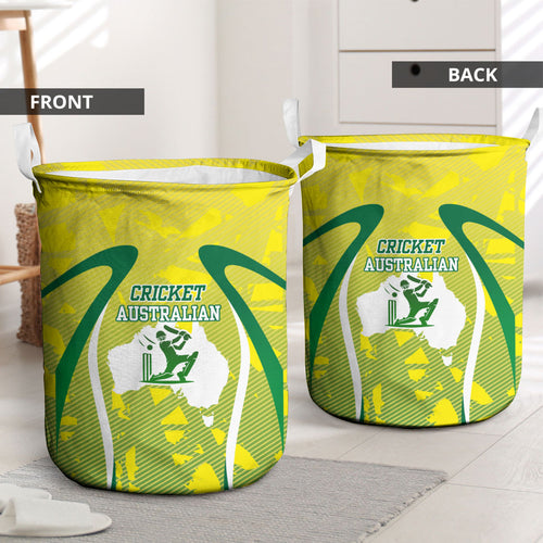 Cricket Australian Laundry Basket Map Silhouette With Green And Gold Geometric Pattern