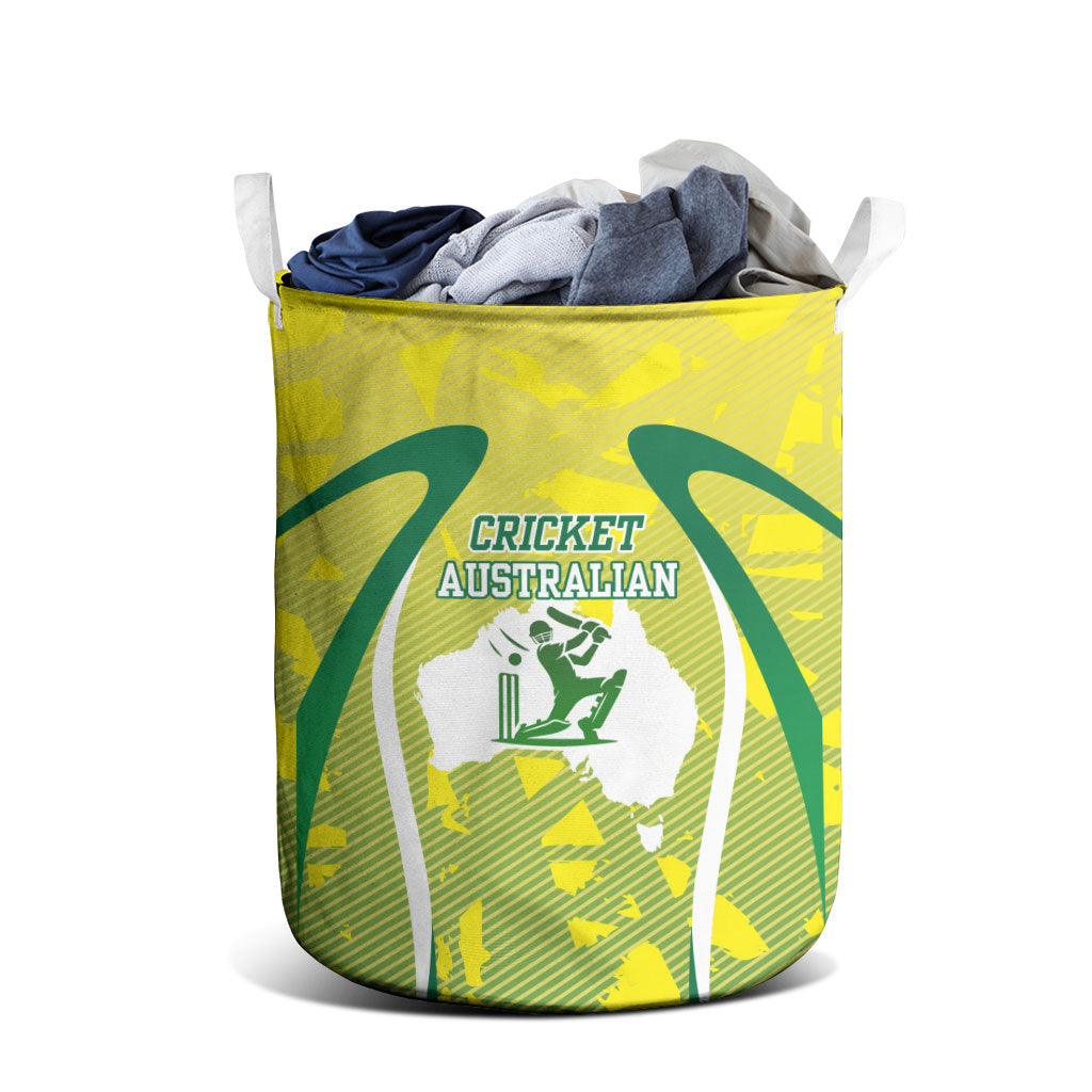 Cricket Australian Laundry Basket Map Silhouette With Green And Gold Geometric Pattern