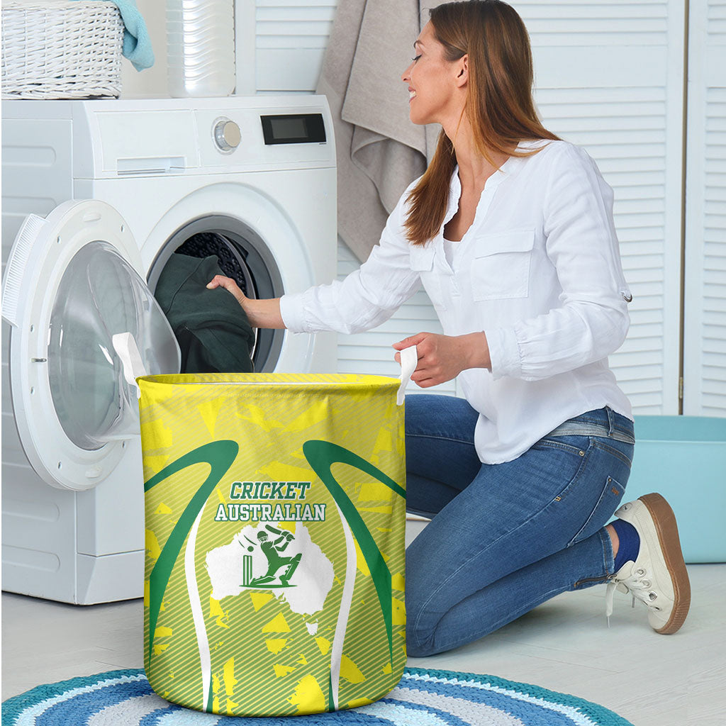 Cricket Australian Laundry Basket Map Silhouette With Green And Gold Geometric Pattern