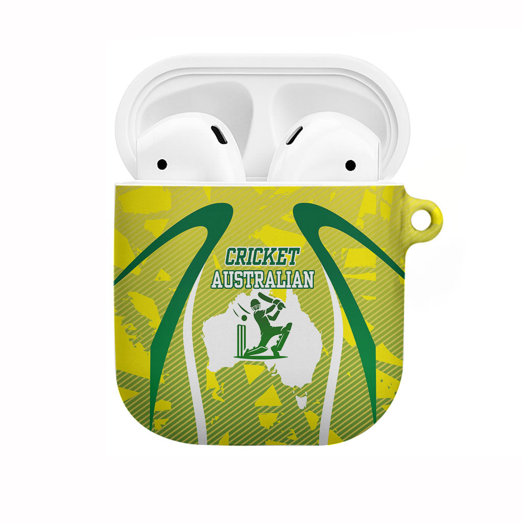 Cricket Australian AirPods Case Map Silhouette With Green And Gold Geometric Pattern