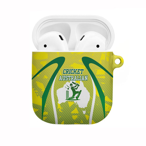 Cricket Australian AirPods Case Map Silhouette With Green And Gold Geometric Pattern