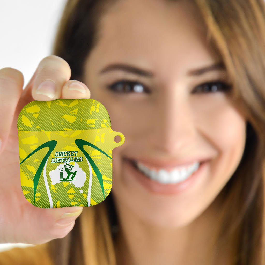 Cricket Australian AirPods Case Map Silhouette With Green And Gold Geometric Pattern