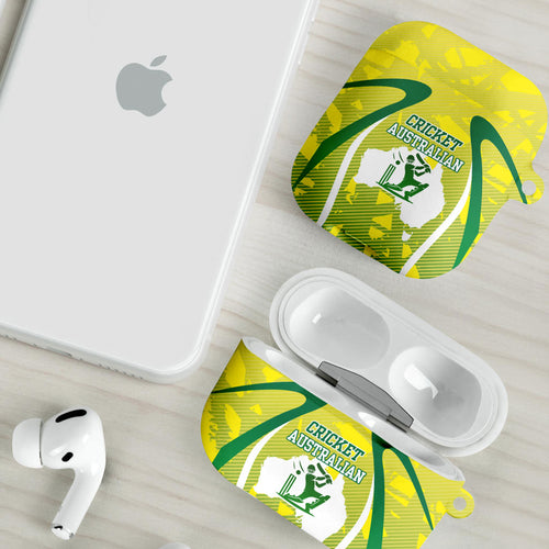 Cricket Australian AirPods Case Map Silhouette With Green And Gold Geometric Pattern