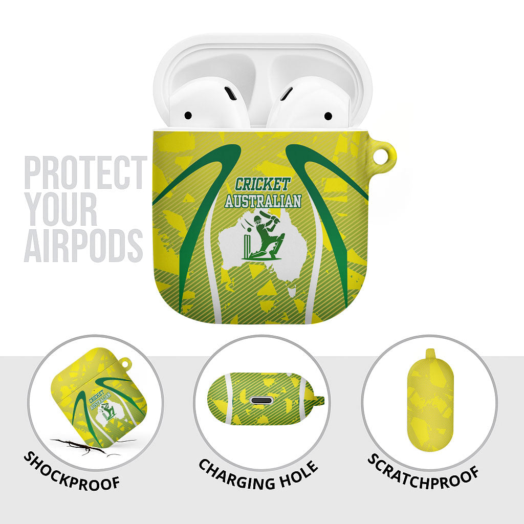 Cricket Australian AirPods Case Map Silhouette With Green And Gold Geometric Pattern
