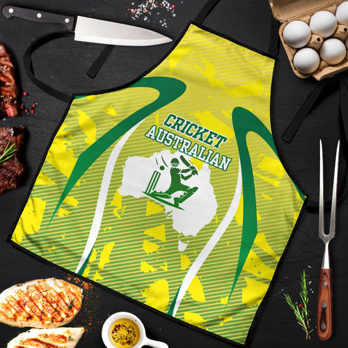 Cricket Australian Apron Map Silhouette With Green And Gold Geometric Pattern