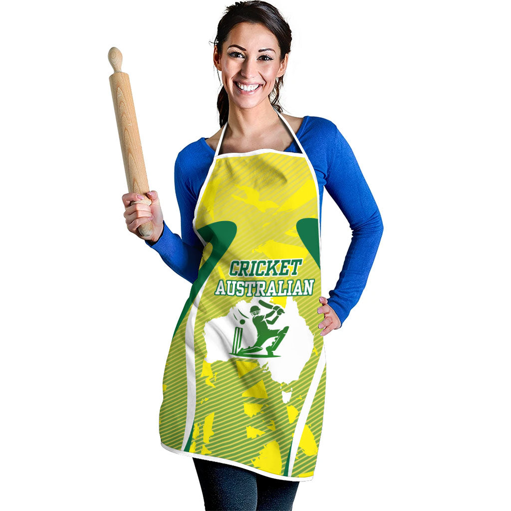 Cricket Australian Apron Map Silhouette With Green And Gold Geometric Pattern