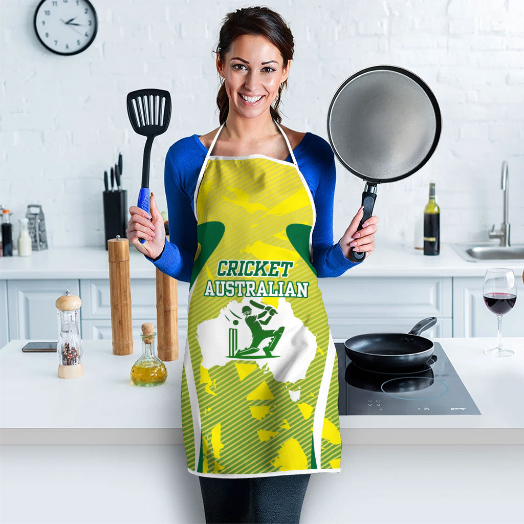 Cricket Australian Apron Map Silhouette With Green And Gold Geometric Pattern