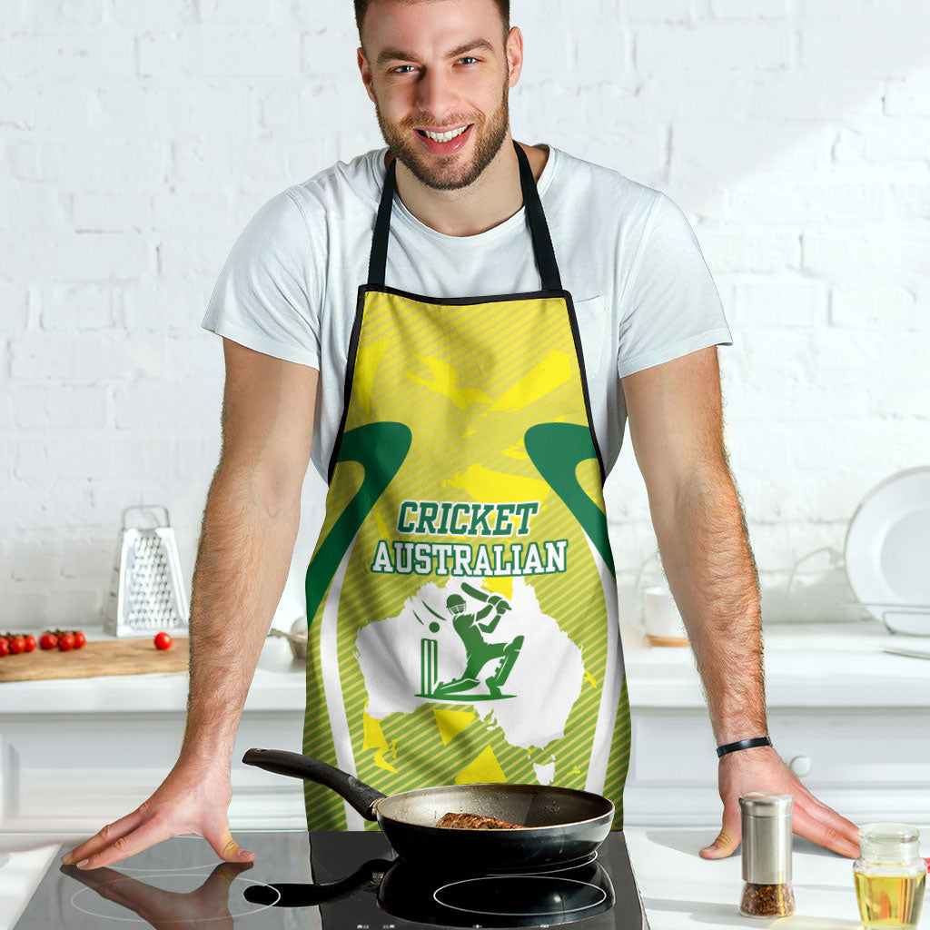 Cricket Australian Apron Map Silhouette With Green And Gold Geometric Pattern