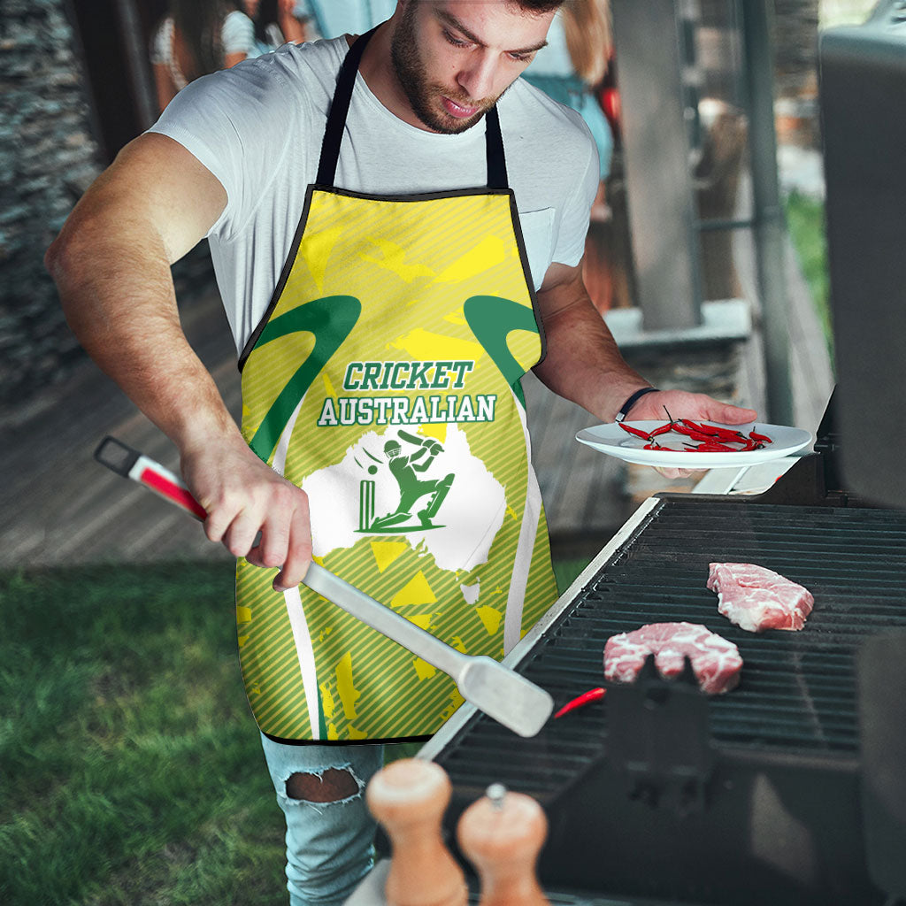 Cricket Australian Apron Map Silhouette With Green And Gold Geometric Pattern