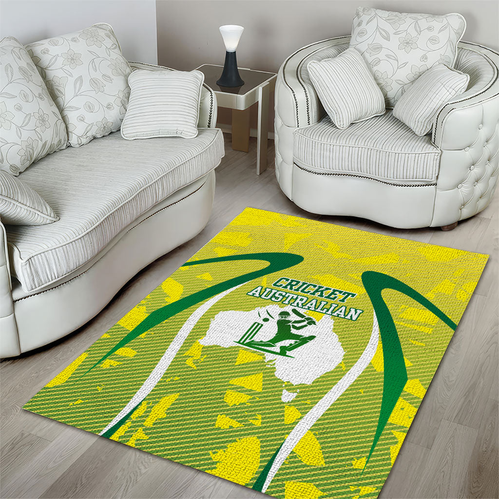 Cricket Australian Area Rug Map Silhouette With Green And Gold Geometric Pattern