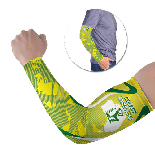 Cricket Australian Arm Sleeves Map Silhouette With Green And Gold Geometric Pattern