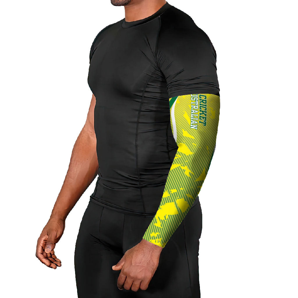 Cricket Australian Arm Sleeves Map Silhouette With Green And Gold Geometric Pattern