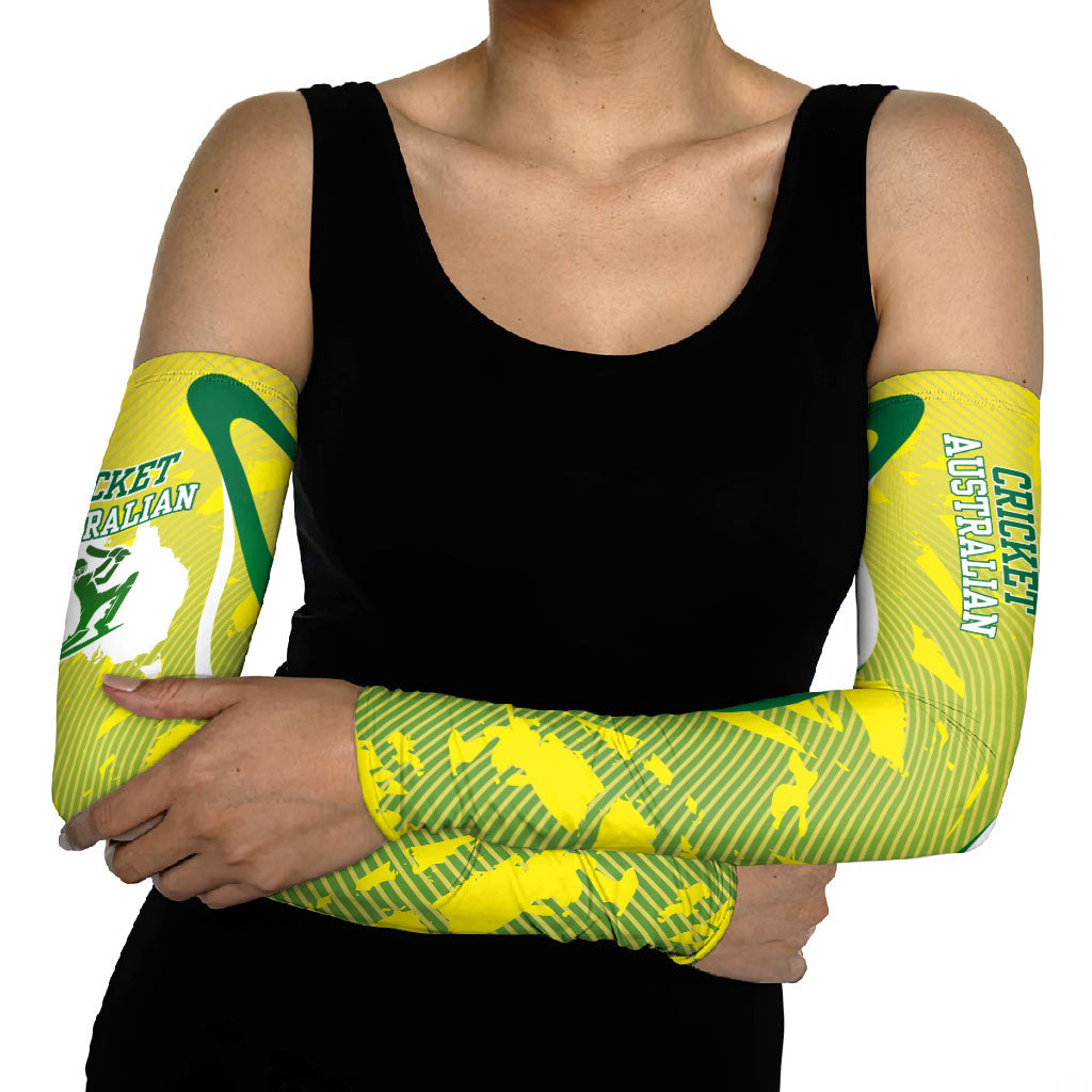 Cricket Australian Arm Sleeves Map Silhouette With Green And Gold Geometric Pattern