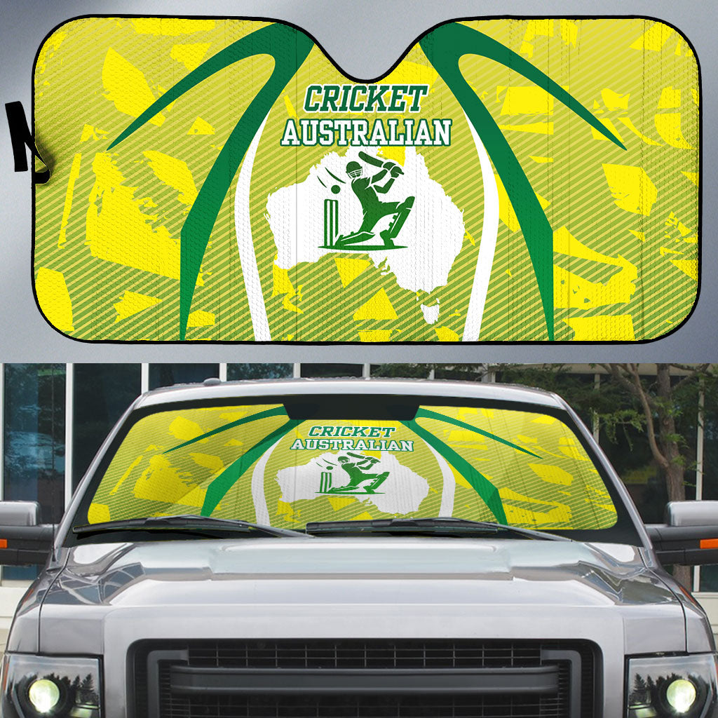 Cricket Australian Auto Sun Shade Map Silhouette With Green And Gold Geometric Pattern