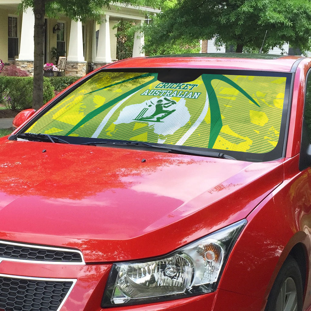 Cricket Australian Auto Sun Shade Map Silhouette With Green And Gold Geometric Pattern