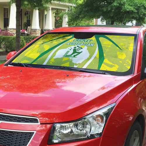 Cricket Australian Auto Sun Shade Map Silhouette With Green And Gold Geometric Pattern