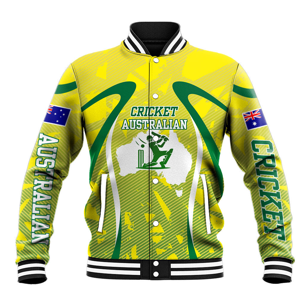 Cricket Australian Baseball Jacket Map Silhouette With Green And Gold Geometric Pattern