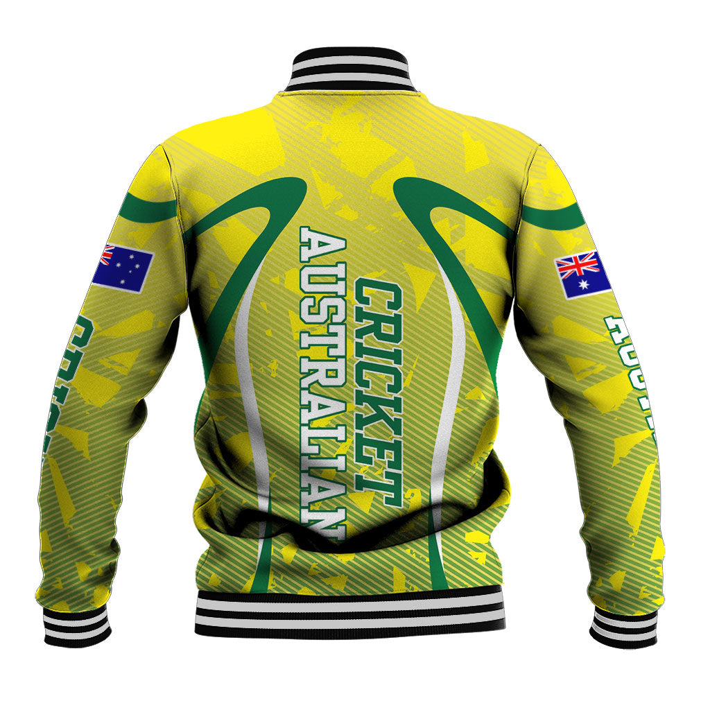 Cricket Australian Baseball Jacket Map Silhouette With Green And Gold Geometric Pattern