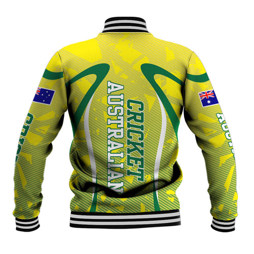 Cricket Australian Baseball Jacket Map Silhouette With Green And Gold Geometric Pattern