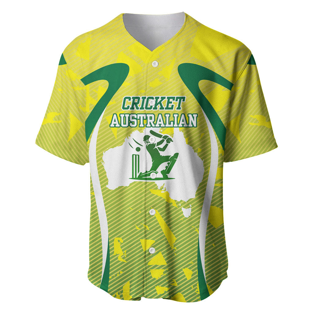 Cricket Australian Baseball Jersey Map Silhouette With Green And Gold Geometric Pattern