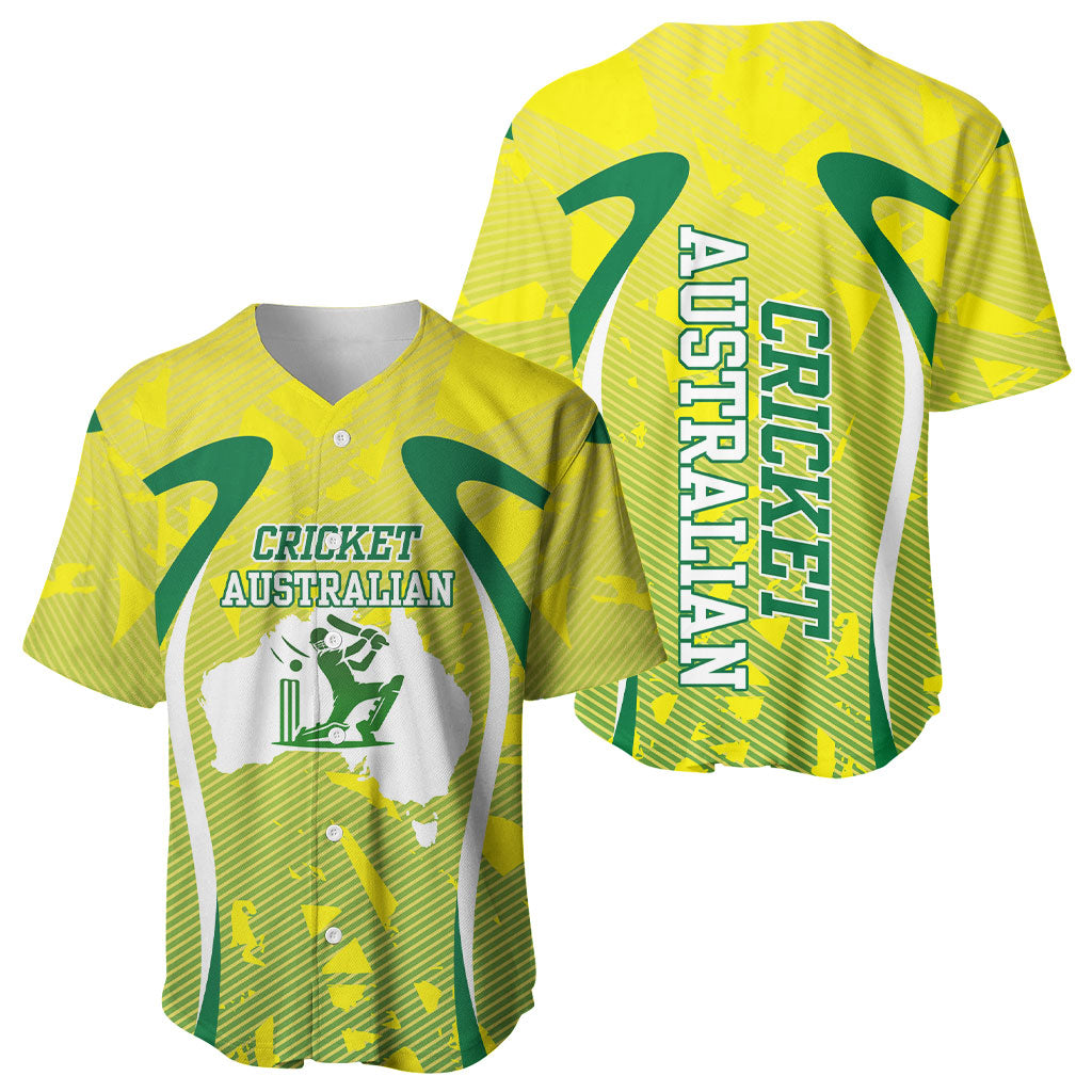Cricket Australian Baseball Jersey Map Silhouette With Green And Gold Geometric Pattern