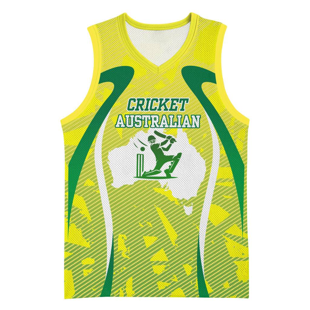 Cricket Australian Basketball Jersey Map Silhouette With Green And Gold Geometric Pattern