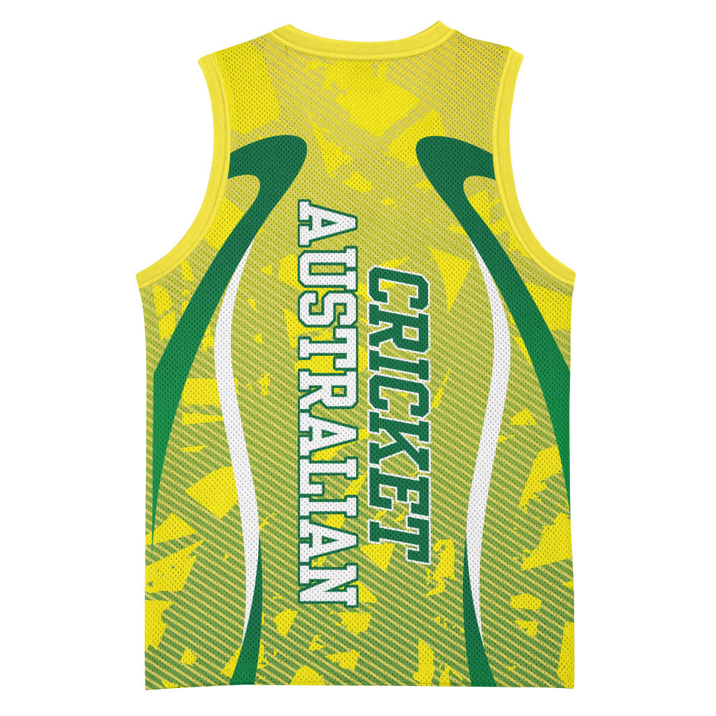 Cricket Australian Basketball Jersey Map Silhouette With Green And Gold Geometric Pattern