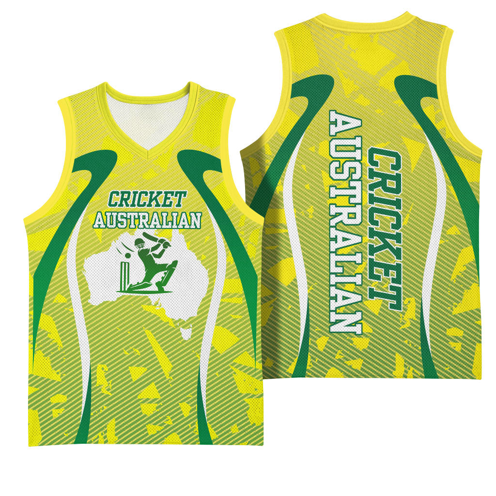 Cricket Australian Basketball Jersey Map Silhouette With Green And Gold Geometric Pattern