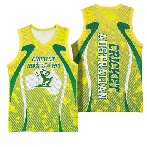 Cricket Australian Basketball Jersey Map Silhouette With Green And Gold Geometric Pattern