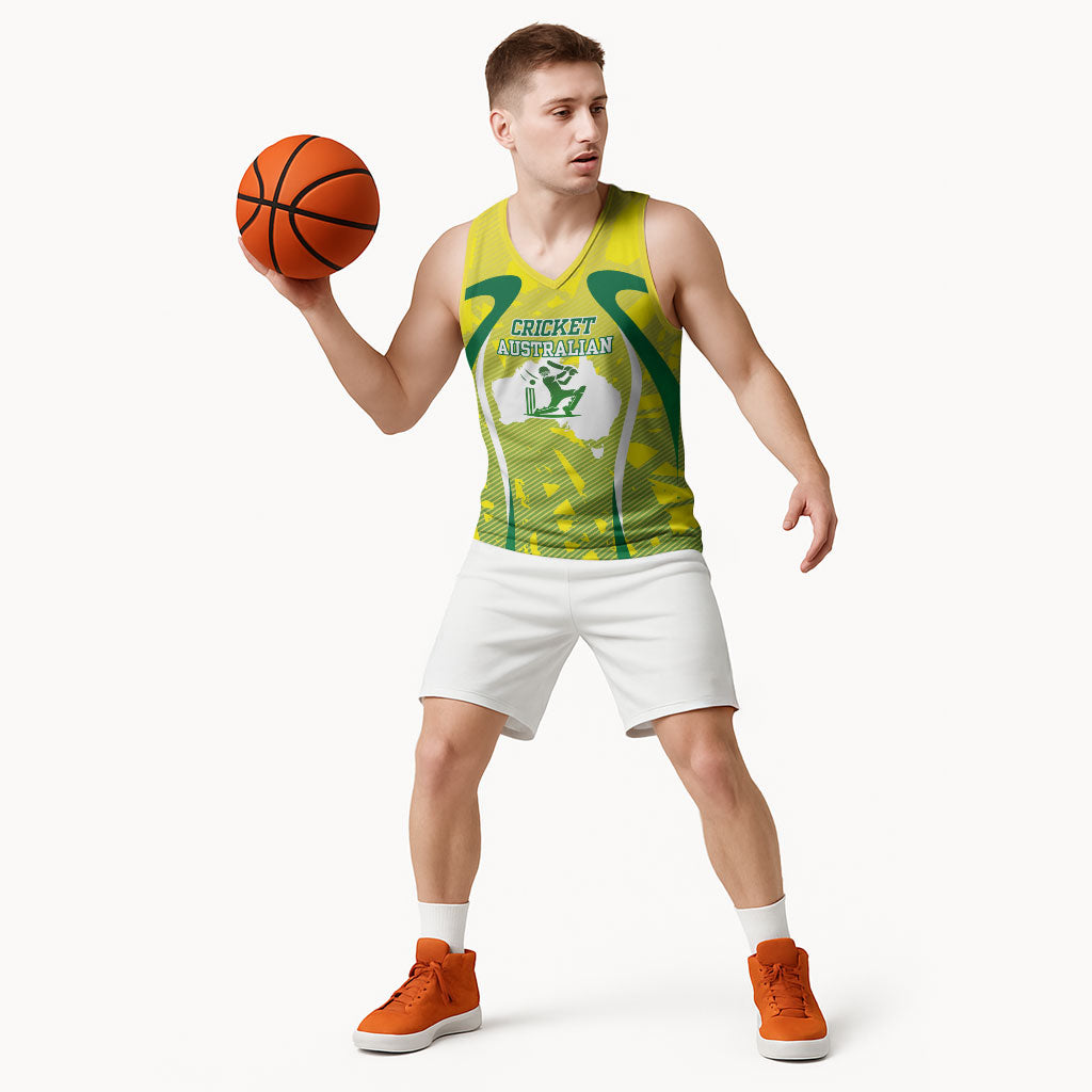 Cricket Australian Basketball Jersey Map Silhouette With Green And Gold Geometric Pattern