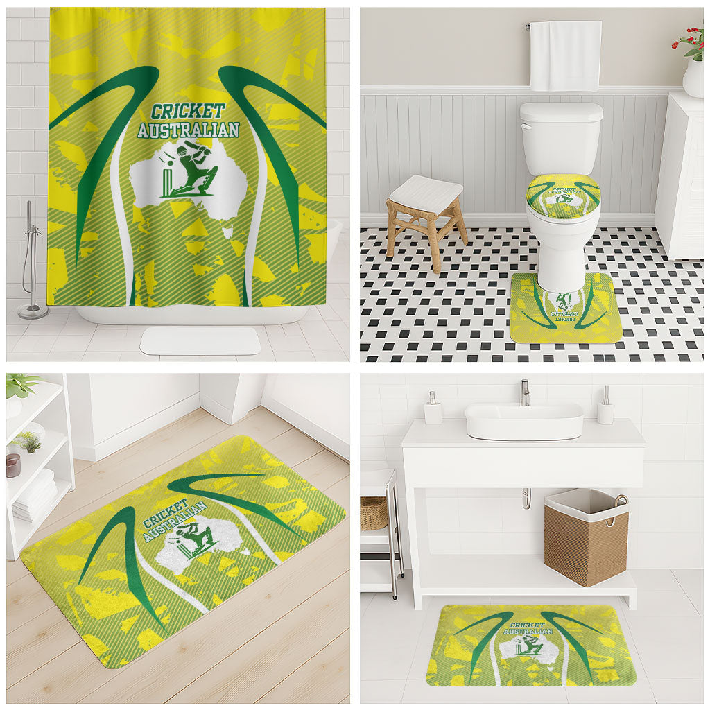 Cricket Australian Bathroom Set Map Silhouette With Green And Gold Geometric Pattern
