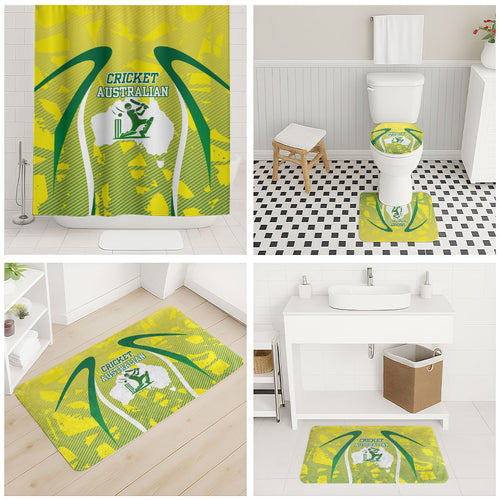 Cricket Australian Bathroom Set Map Silhouette With Green And Gold Geometric Pattern