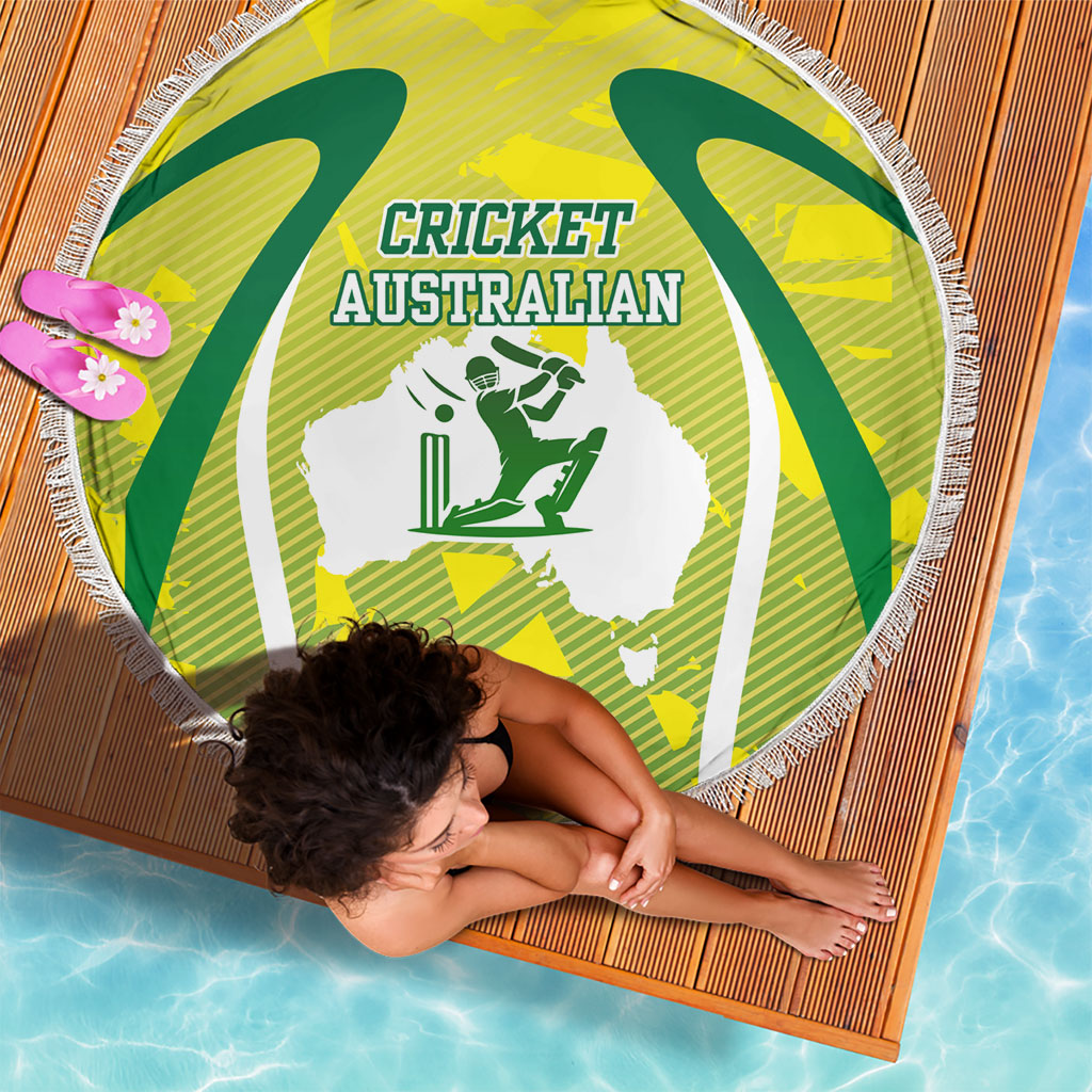 Cricket Australian Beach Blanket Map Silhouette With Green And Gold Geometric Pattern