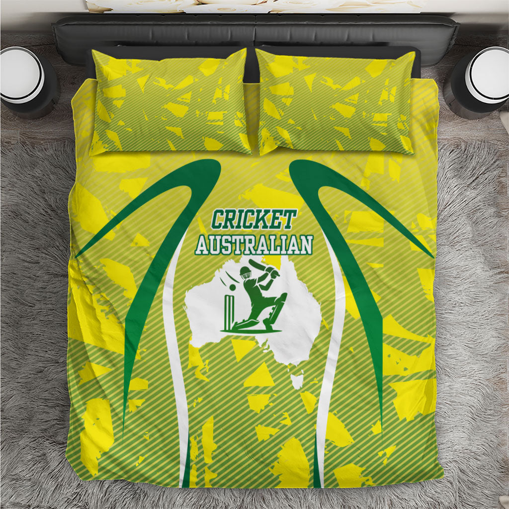 Cricket Australian Bedding Set Map Silhouette With Green And Gold Geometric Pattern