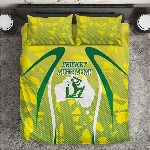 Cricket Australian Bedding Set Map Silhouette With Green And Gold Geometric Pattern