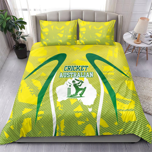Cricket Australian Bedding Set Map Silhouette With Green And Gold Geometric Pattern